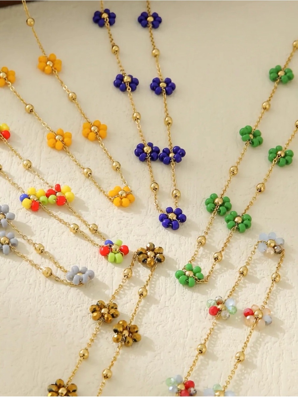 Custom order Gold Chain Flower Bead Necklace — Multicolor